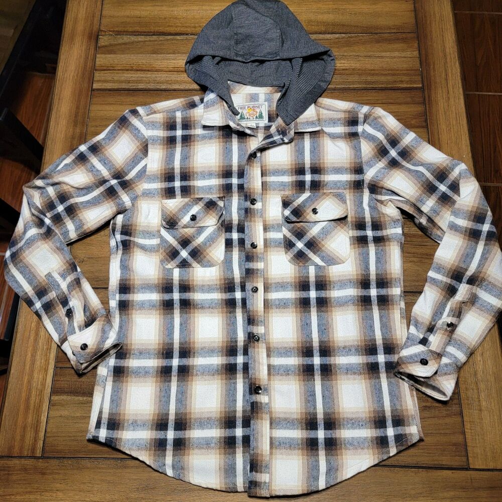 Free Planet LS Full Button Plaid Flannel Shirt w/ Detachable Hood - Size Large